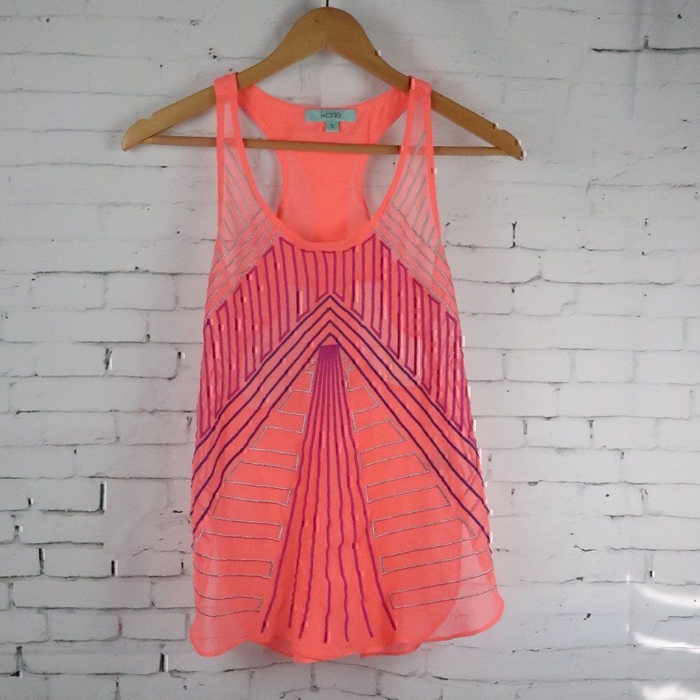 KARLIE PINK WITH EMBROIDERED DETAIL RACER BACK SHEER WORK OUT TOP SIZE SMALL